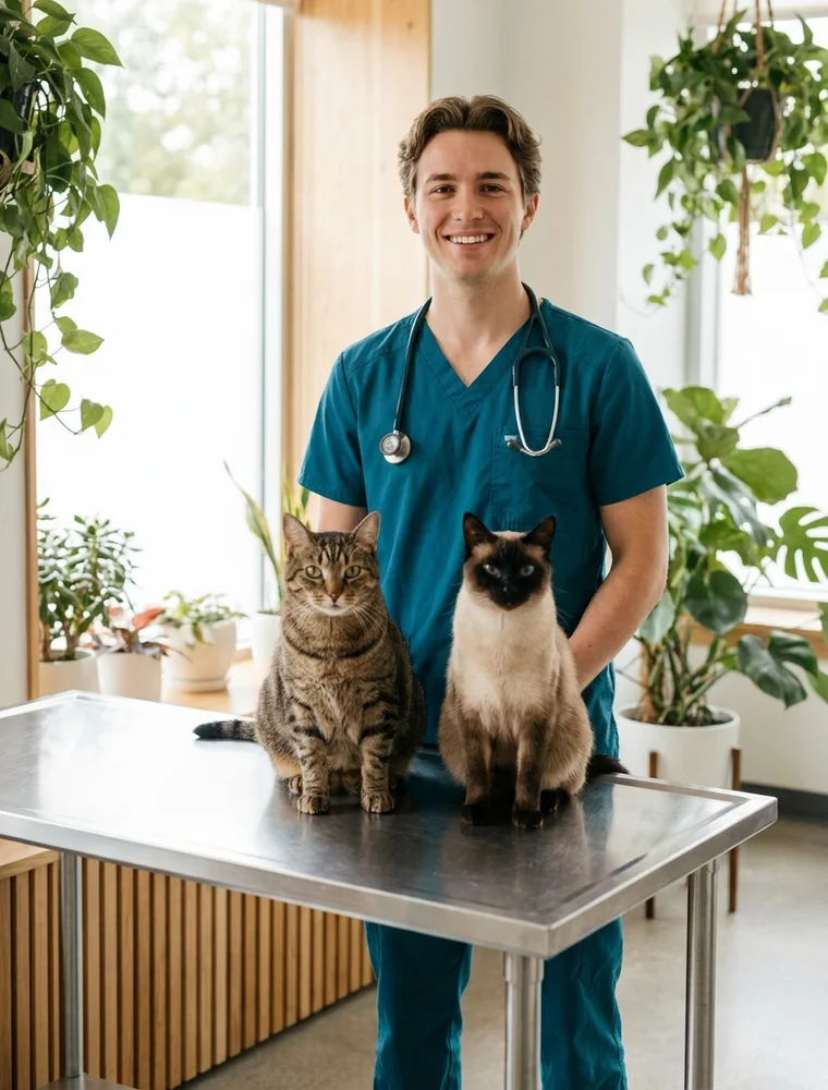 Tierarzt in der Praxis mit zwei Katzen auf dem Behandlungstisch