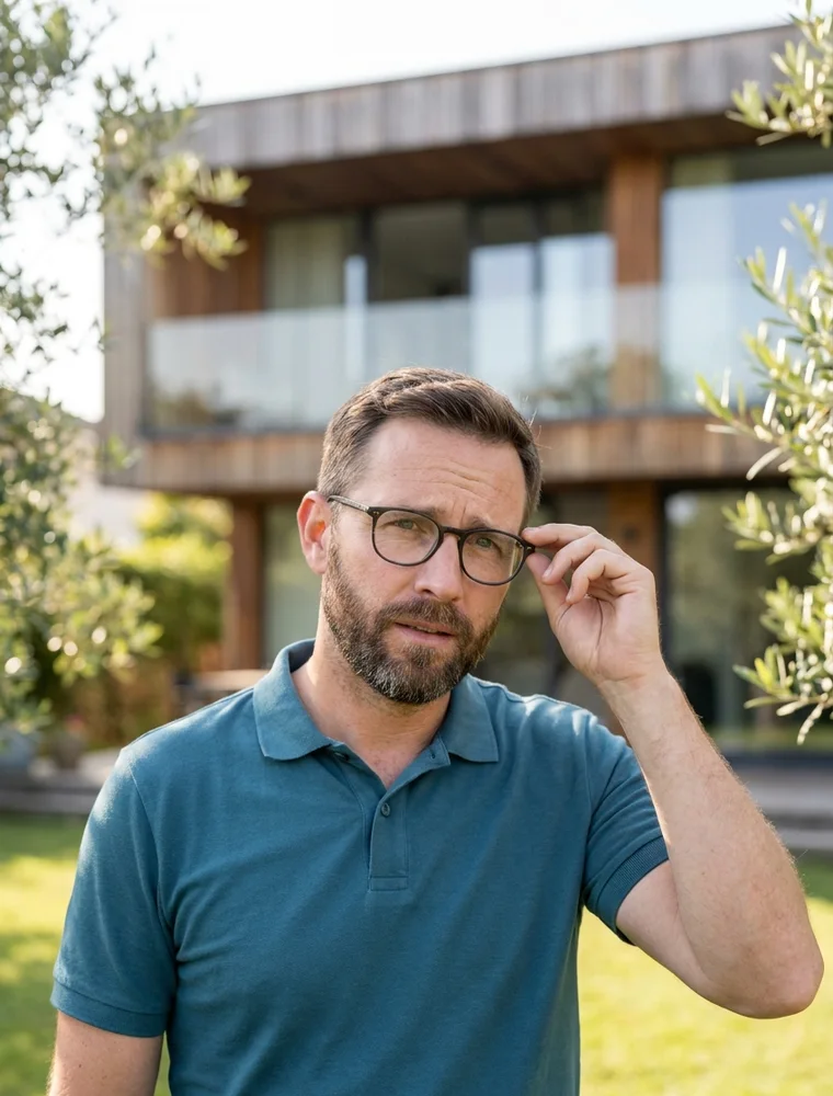 Nachdenklicher Mann mit Brille vor seinem Haus